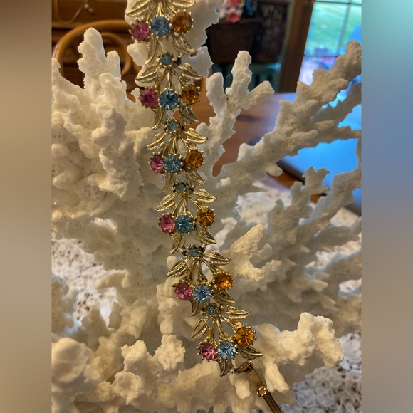 Vintage Pastel Rhinestone Gold-tone Bracelet 8” PINK BLUE YELLOW GORGEOUS - Picture 7 of 13